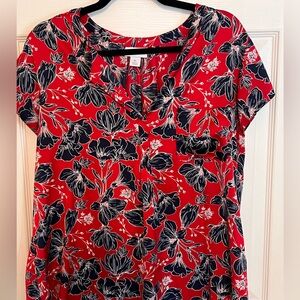 Adorable red and navy top with button neckline